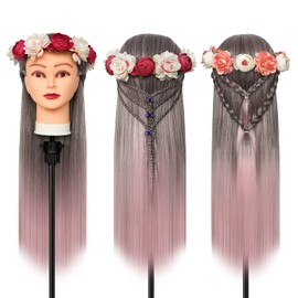 Styling Head 28 inch Training Head 100% Synthetic Fibres Hairdressing Head Hairdresser Training Heads with Free Clamp and DIY Braiding Set (Gradient powder)