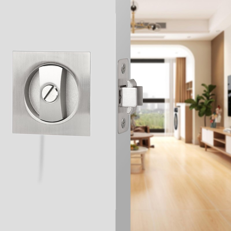 Aglehome Square Pocket Door Lock, Satin Nickel Contemporary Privacy Pocket