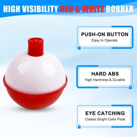 Fishing Bobbers Floats Hard ABS Push Button Round Buoy Red and White Snap-on Fishing Floats Bobbers Tackle 0.5"/0.75"/1"/1.25"/1.5"/2"/2.5"