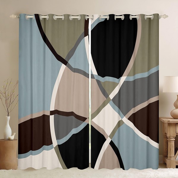Feelyou Retro Stripe Swirl Curtains Blue Grey and Brown Window