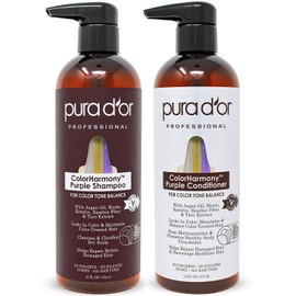 PURA D'OR Purple Shampoo & Conditioner (16oz x 2) ColorHarmony Biotin Set For Bleached, Blonde, Silver & Color Treated Hair - Keratin, Bamboo Fiber, No Sulfates, Natural Ingredients - Men & Women