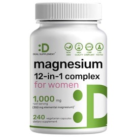12‑in‑1 Magnesium Complex for Women 1,000 mg, 240 Vegetarian Capsules | Magnesium Glycinate, Citrate, Malate, Taurate, Orotate, Oxide & More | Chelate
