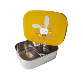 kikadu Lunch Box Rabbit Mustard Yellow Children's Crockery BPA-Free 18/8 Stainless Steel with Cute Prints, Dimensions 17 x 13 x 5.5 cm