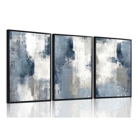 okudolit Abstract Wall Art Navy Blue Gray Canvas Large Framed Set of 3 Modern Minimalist Neutral Color Block Shape Artwork Blue Printing Pictures Wall Decor for Living Room Bedroom Office-16x24in