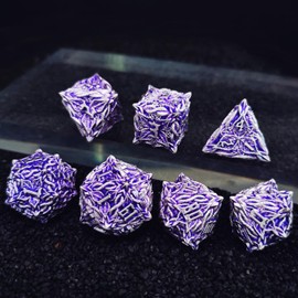 MJDICEOK Metal Dice Vine Leaf Set DND Dice 7 Polyhedral Role Playing Dice D&D Solid Dungeons and Dragons Dice (Silver Purple)