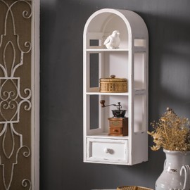 SOFE 3 Shelf White Wall Storage Cabinet with Drawer, 31" Tall Narrow Bathroom Cabinet Wall Mounted, Wood Display Cabinet, Arched Bookshelf, Modern Farmhouse Hanging Cabinets Storage