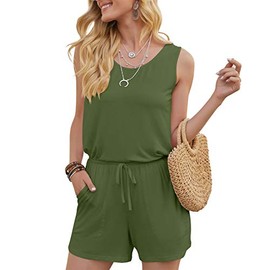 DouBCQ Womens Summer Casual Sleeveless Loose Jumpsuits Romper with Pockets (Army Green, Large)