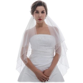 SAMKY 2T 2 Tier Bugle Crystals Beaded Wedding Veil - Light Ivory Elbow Length 30" V387