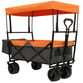 ZJMTOCYU 480Lbs Collapsible Wagon with Canopy, All-Terrain Wheels, Lightweight Foldable Design for Camping and Shopping, Orange with Mosquito Net