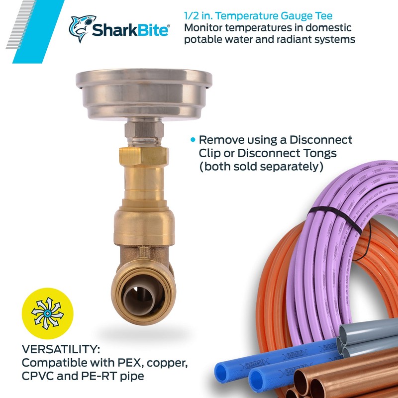 SharkBite 1/2 Inch Temperature Gauge Tee, Push to Connect Brass