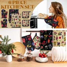 Bencailor 6 Pcs Flower Kitchen Towels Oven Mitts and Pot Holders Set Decorative Dish Towels Tea Towels Non Slip Heat Resistant Oven Gloves for Home Cooking Dish Baking BBQ, Cute Color