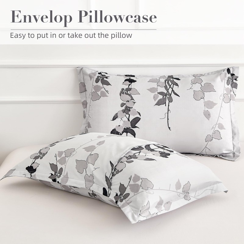 Double Duvet Set Botanical Grey Bedding Set Polyester Breathable Stylish