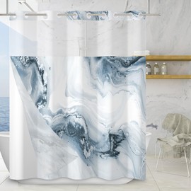 TYLCLTX No Hook Shower Curtain with Snap in Liner Grey Blue Marble Modern Crack Ink Texture Double Layers Shower Curtain Waterproof Fabric See-Through Top Window Bathroom Decorative 71x74inch