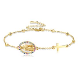 URONE Virgin Mary Bracelet Sterling Silver Rosary Bead Cross Pendant Bracelet Virgen De Guadalupe Bracelet Christian Jewellery for Women