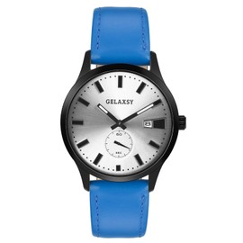 GELAXSY Men's 41mm Quartz Watches with Analogue Display Date Window and Leather Strap Water Resistant Wrist Watches for Men (Blue Black)
