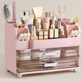 HBlife Makeup Organizer for Vanity with Brush Holder, Large Bathroom Countertop Cosmetic Organizer Skin Care Storage, Easy to Store Lipsticks, Nail Polishes, Perfumes, Eyeshadow Palettes, Pink