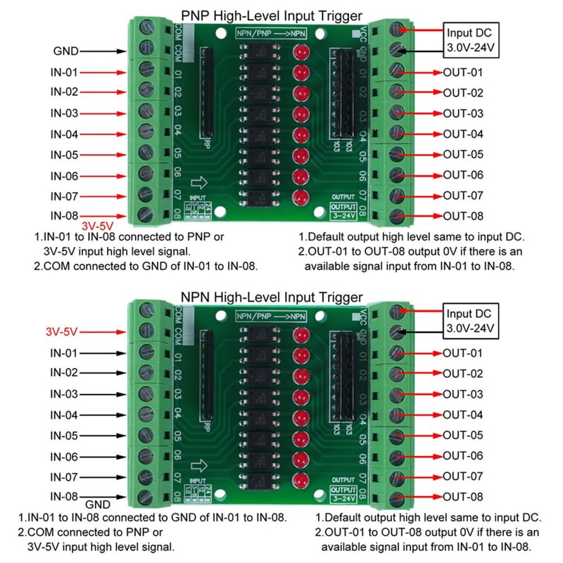 Optocoupler Isolation Board,DC 3.3V 5V PNP NPN 8-Channel Signal Converter