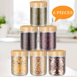 Suclain 6 Pcs 16 oz Glass Jars with Airtight Lids Overnight Oats Containers with Bamboo Lids Glass Food Storage Container Mason Jars for Snack Yogurt Chia Candy Spice Sugar