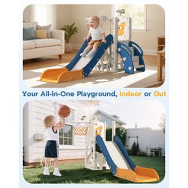 BIERUM Toddler Slide for Kids,6-in-1 Indoor Outdoor Toddler Slides Playground with Basketball Hoop, Golf Game & Telescope, L-Shaped Baby Slide Climber Playset, Blue&Yellow