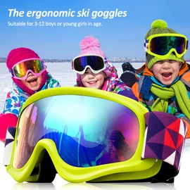 Tyuodna Kid Ski Goggles, 100% UV Protection Anti-fog Skiing Snowboard Goggles, Skiing Snowboarding Goggles of Dual Lens for 3-12 Years Boys and Girls, for Cycling Riding/Climbing/Skiing (Green)