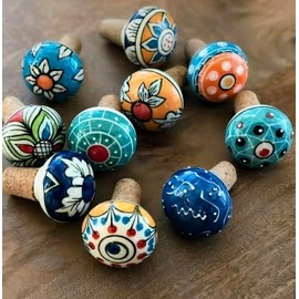 Handmade Blue Pottery Ceramic Wine Bottle Stopper, Hand-Painted Floral Design, Multicolor with Cork Base (SKU166)
