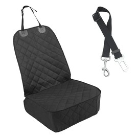 Dog Car Front Seat Cover with Side Flaps, Waterproof & Scratch Proof Car Seat Protector for Dog, Nonslip Pet Car Seat Pad with Safety Belt, Fit for Most Cars SUVs Trucks Jeeps (Black)