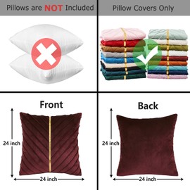 Tosleo Burgundy Velvet Throw Pillow Covers 24x24 inch Pack of 2 with Gold Leather Decorative Couch Pillow Cover Luxury Modern Pillowcases for Living Room Bedroom Sofa Cushion Bed