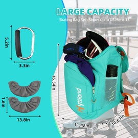 3 Pcs Roller Skate Bag Internal Waterproof Ice Skate Bag Roller Skate Backpack with Multi-Pockets Skate Bag Fits to Us Women and Man Skateing Accessory with Covers Towel Locking Carabiner, B green