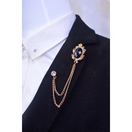 Men's Gem Tassel Brooch Lapel Pin Elegant Badge Hanging Chains Collar Brooches Pin for Career Suit Tuxedo of Shirts Tie Hat Scarf for Boyfriend Father Birthday (Gold with Black Crystal)