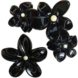 Patent Black Flower claw clips women girls,cute hawaii flower hair clips with artificial pearls,daisy decorative plumeria hair clips for thick hair thin hair, Large Medium 2pc casual hair accessories