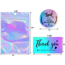 630 Pieces Thank You Cards and Stickers Set with 30 Resealable Packaging Bags, 500 Pieces Small Business Roll Stickers, 100 Pieces Thank You Cards for Business (Holographic)