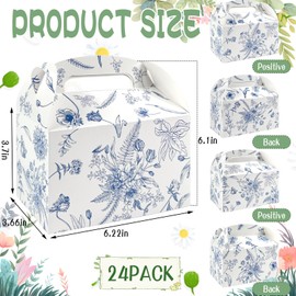 24 Pack Blue Floral Party Cardboard Treat Box with Handles Blue Floral Birthday Party Favor Boxes with Chinoiserie Floral Printed Goody Treat Boxes for Wedding Tea Bridal Shower Birthday Supplies
