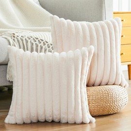 Joyouth Pack of 2,Double-Sided Faux Fur Plush Decorative Throw Pillow Covers Fuzzy Striped Soft Pillowcase Cushion Covers for Sofa Couch Bedroom Beige 16x16 inch