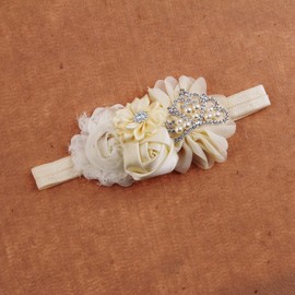 Nishine Baby Christening Headband Toddler Girls Fabric Flower Headband Tiara Stretchy Elastic in Pairs (Child, Ivory/Dusty pink)