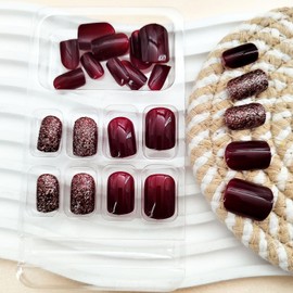 Press on Nails Short Acrylic Nails Press ons Square Burgundy Fake Nails Glossy False Nails with Silver Glitter Designs Cover Short Artificial Stick Glue on Nails for Women 24 Pcs