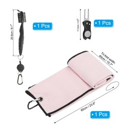 PATIKIL 24"x16" Golf Towels Golf Microfiber Waffle Pattern Towel Set Club Groove Cleaner Brush Foldable Divot Tool with Magnetic Ball Marker for Men Women, Pink Towel
