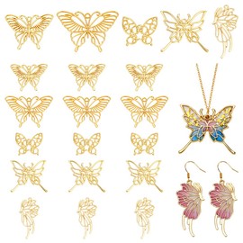 AHANDMAKER 20 Pcs 5 Styles Butterfly Open Bezel Pendants, Golden Hollow Butterfly Charms Filigree Bezel Frame Charm for DIY Resin Pressed Flower Necklace Earring Jewelry Making Findings