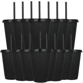 Yisituo 480ml Reusable Plastic Cups, 15 Pack of Kids Tumbler with Lid and Straw, for Cold Drinks, Iced Coffee, Travel and Smoothies (15, Black)