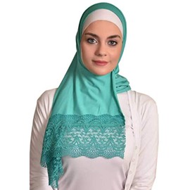 Women Floral Lace Edges Hijab Shawl Cotton Muslim Scarves Maxi Scarf Teal