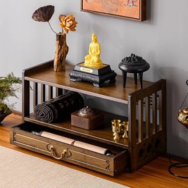 BIRDFBA Floor Table, Altar Low 2-Tier Meditation Table with Drawers Bamboo Coffee Table for Sitting Japanese Tatami