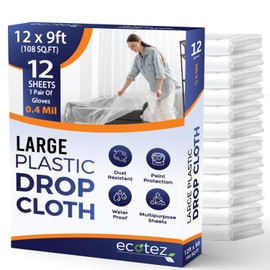 Ecotez 12 Pack 12 x 9 ft Extra Large Painter's Drop Cloth - Light & Durable Dust Cover - Clear Plastic Sheet - Paint Drop Cloth - Plastic Floor Protector