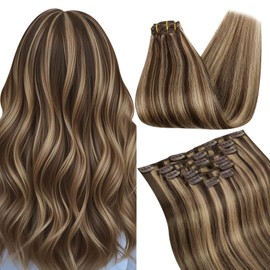 Ugeat Human Hair Clip in Extensions 22 Inch, Clip in Human Hair Extensions 7pcs 120g, Easy to Apply, Chocolate Brown Highlights Caramel Blonde