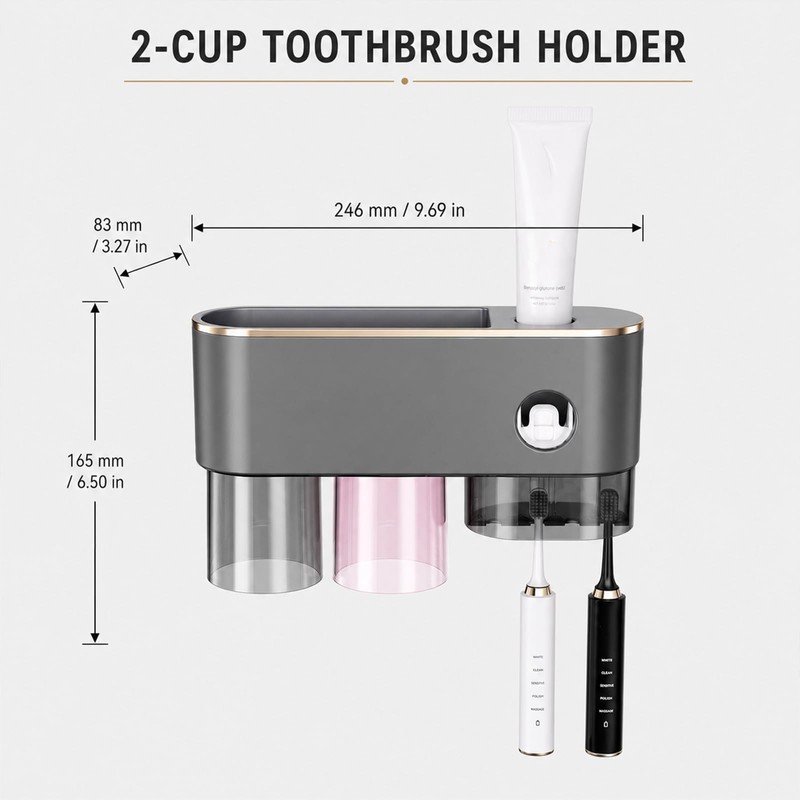 Bathroom Toothbrush Holder —Wall-Mounted Toothbrush Organizer (with Automatic Toothpaste Dispenser),