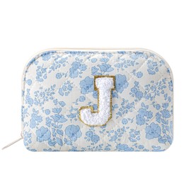 WHHJM Initial Dome Cosmetic Makeup Bag Small Cotton Quilted Makeup Pouch for Purse Cute Blue Floral Travel Toiletry Zipper Pouch (Blue Floral J)