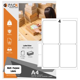 5 Sheets - 4 Labels Stickers Per Sheet, A4 White Sticky Labels, Address Labels 99.1 x 139 mm, Printable Sticker Paper Compatible with Inkjet & Laser Printers, Quick Dry