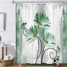 Rustic Farmhouse Shower Curtain, Farm Sage Green Daisy Floral Flowers and Butterfly on Country Wooden Shower Curtain for Bathroom, Turquoise Teal Gray Grey Shower Curtain with 12PCS Hooks, 70X75IN