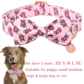 UP URARA PUP Mother’s Dog Collar with Bow Tie, Cute Cotton Girl Dog Collar, Adorable Pink Bowtie Collar for Medium Girl Dog, Female Dog Collar with Metal Buckle, M