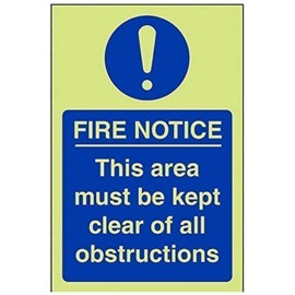 V Safety 18053AG-G Glow In The Dark Fire Notice This Area Must Be Kept Clear Of All Obstructions Sign - 100mm x 150mm - Rigid Plastic, Blue