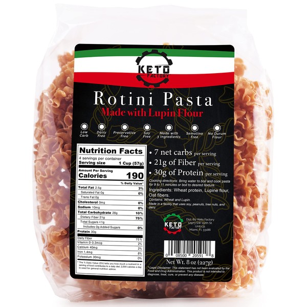 Keto Factory Pasta rotini, 8 onzas | Keto Friendly, 0.8 onzas de carbohidratos netos, 30 g de proteína, sin aceite de palma, sin lactosa, sin sémola, sin conservantes