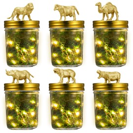 Geelin 30 Pcs Gold Plastic Animal Figurines with Jars, Safari Party Favors Centerpieces Including DIY Mason Jars, 12 Gold Animals Figures, Simulated Moss and Light Strips